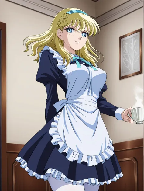 score 9 、score 8 up、score 7 up、source anime、傑作、最高品質、高解像度、1girl、mii、anime girl with a cup of black tea and a cake、solo、変化 in dress、( maid ) 女の子、portrait of 変化ta、blonde hair、long hair、blue eyes、french braid、crown braid、blue hairband、クラシック少女、beautiful anime G...