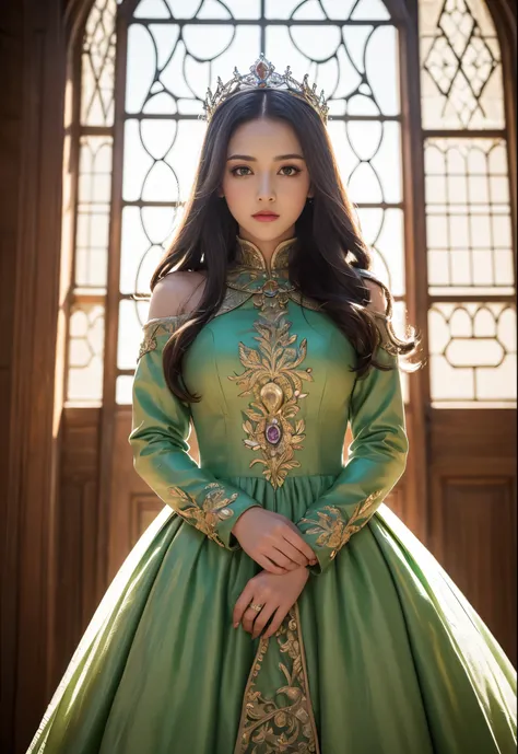 masterpiece, best quality, best quality, Create a beautiful art piece featuring a princess, hyper detailed, ultra realistic, depth of field, (1women), age girl, almost white hair, very long hair, (purple eyes), beautiful, danity, modest, detailed green dre...