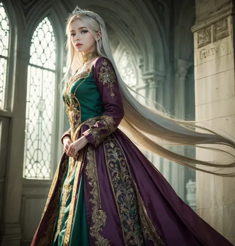 masterpiece, best quality, best quality, Create a beautiful art piece featuring a princess, hyper detailed, ultra realistic, depth of field, (1women), age girl, almost white hair, very long hair, (purple eyes), beautiful, danity, modest, detailed green dre...