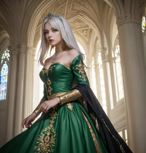 masterpiece, best quality, best quality, Create a beautiful art piece featuring a princess, hyper detailed, ultra realistic, depth of field, (1women), age girl, almost white hair, very long hair, (purple eyes), beautiful, danity, modest, detailed green dre...