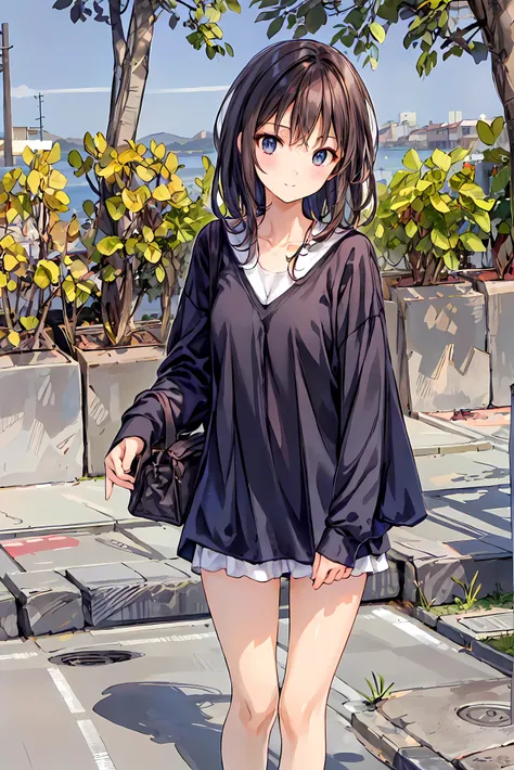 ( masterpiece), Highest Quality,  cute girl leaning on a wall,  embarrassing, , Intimate moments,  cute,   cropped shirt,  look down,  high angle, close, BREAK  she says   embarrassing,  she says  ,  Forest Setting ,  cute imgae， hair， Shortcuts ， 乱れたhair，...
