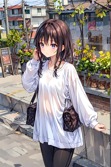 ( masterpiece), Highest Quality,  cute girl leaning on a wall,  embarrassing, , Intimate moments,  cute,   cropped shirt,  look down,  high angle, close, BREAK  she says   embarrassing,  she says  ,  Forest Setting ,  cute imgae， hair， Shortcuts ， 乱れたhair，...