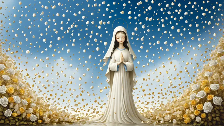 "Scraps by Nicoletta Ceccoli, Naoto Hattori, Lawrence Didier, Leonora Carrington, flowers are flying around an image of Our Lady of Fatima, flowers exploding and spreading, petals falling, rose petals flying in the wind, Virgin Mary, pastel flower petals f...