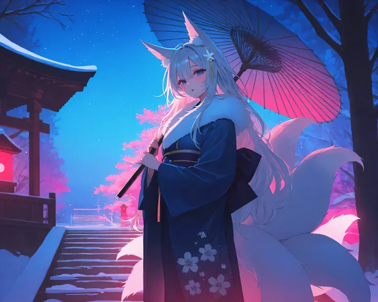 1girl, alternate costume, animal ears, fox ears, fox tail, multiple tail, kitsune, autumn leaves, white hair, blue eyes, blue umbrella, blush,  shinano \(azur lane\), floral print, fur-trimmed kimono, fur trim, hair between eyes, holding, holding umbrella,...