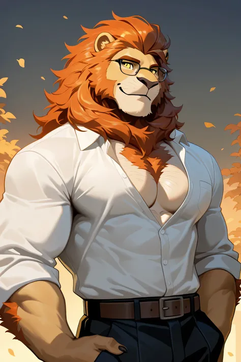 solo, 1boy, A tall, muscular male lion furry character standing casually in a sunset-lit park. He has golden yellow fur with an dark orange mane, naturally styled but well-groomed. His personality is a blend of shyness and quiet strength, reflected in his ...