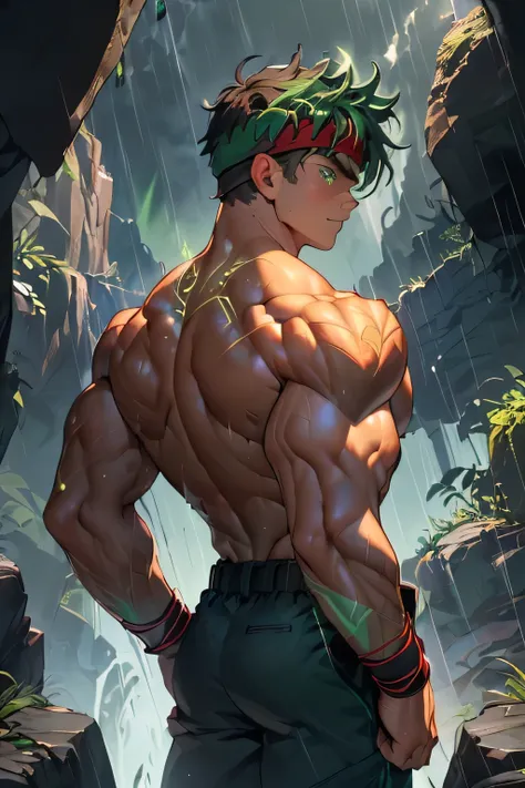 ((masterpiece, best quality, Score_9, Score_8_up, Score_7_up, Score_6_up, Score_5_up)), (((((upper body, back view, looking away, in the cave, rain, warm eyes, dark green eyes, Young handsome boy, topless, Shining Body, action:1.2))))), (Gentle expression,...