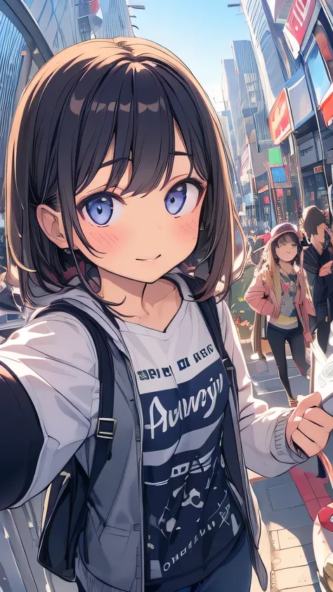 1 girl fisheye lens Stylish cityscape selfie motion line Wearing Clothes
