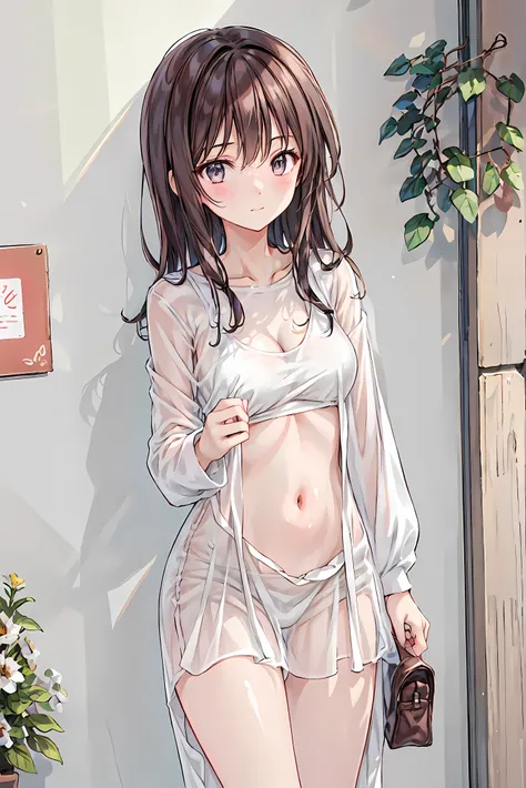 ( masterpiece), Highest Quality,  cute girl leaning on a wall,  embarrassing, , Intimate moments,  cute,   cropped shirt,  look down,  high angle, close, BREAK  she says   embarrassing,  she says  ,  Forest Setting ,  cute imgae， hair， Shortcuts ， 乱れたhair，...