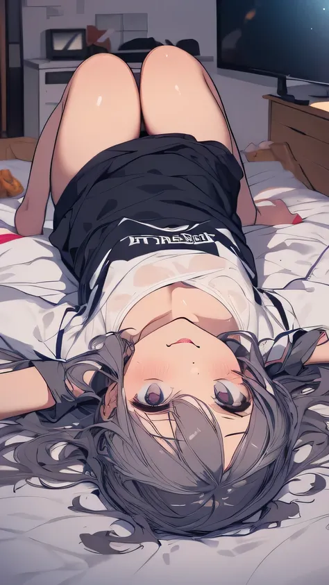 1 girl fisheye lens lying on her back in bed selfie motion line Wearing Clothes