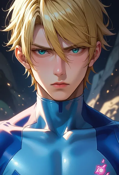 score 9 、score 8 up、score 7 up、1boy、solo、(male:1.5)、male focus、male body、defSamus、blonde hair、short hair、body suit、zero suit、blue body suit、blue clothes、blue pantynose、long sleeves、blue gloves、standing、頭を横向きにする、lookin at viewer、腕組み、叩く、悲しい、juicy lips、cave e...