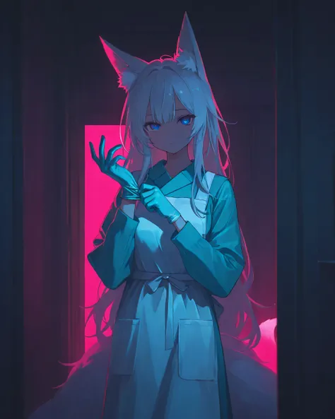  operation room, 1 girl, shinano, azur lane, blue surgical gown, long sleeves, white medical rubber apron, blue surgical gloves, adjusting gloves, solo, locking at viewer, alternate costume, white hair, blue eyes, fox ears, fox tail, multiple tail, kitsune...