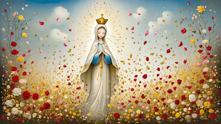 Patchwork by Nicoletta Ceccoli, Naoto Hattori, Lawrence Didier, Leonora Carrington, flowers are flying around an image of Our Lady of Fatima, flowers exploding and spreading, petals falling, rose petals flying in the wind, Virgin Mary, pastel flower petals...