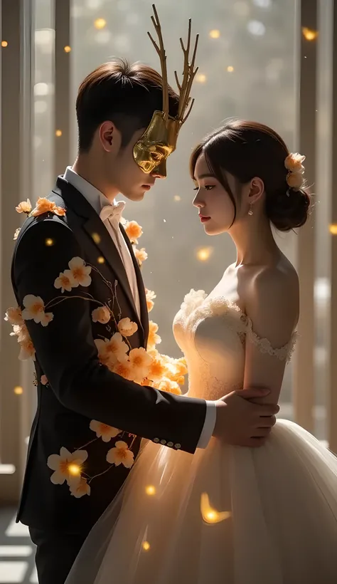 A faceless groom in an empty suit filled with dried apricot blossoms, his mask made of melting beeswax. The bride offers him a pomegranate heart that bleeds fireflies. Surreal wedding, gothic romance, chiaroscuro lighting, by Dorothea Tanning and Tim Burto...