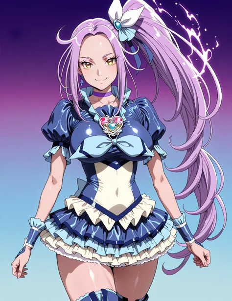 score 9 、score 8 up、score 7 up、source anime、masterpiece、Highest Quality、high definition、Highly Detailed Faces、 very detailed eyes、anime coloring、1girl、cure beat、female character is wearing a navy blue dress、beefcake standing、purple hair、side ponytail hair、...