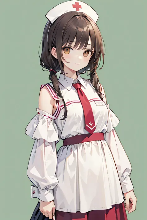 masterpiece, best quality, high quality, detailed face, 1girl, solo, young woman, 19 years old university student, aspiring nurse, slightly petite build (around 152cm), slender, calm brown shoulder-length hair loosely tied back, large dark brown eyes, wear...