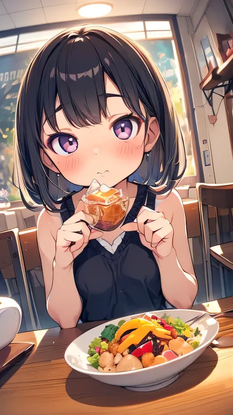 1 girl fisheye lens blush on the table Put food on your body motion line