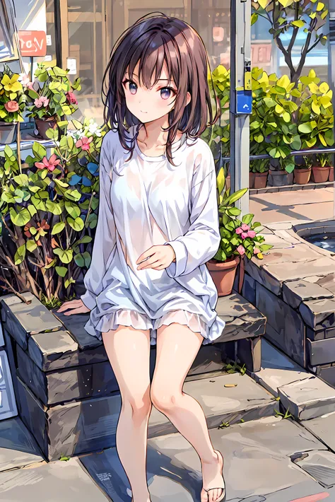 ( masterpiece), Highest Quality,  cute girl leaning on a wall,  embarrassing, , Intimate moments,  cute,   cropped shirt,  look down,  high angle, close, BREAK  she says   embarrassing,  she says  ,  Forest Setting ,  cute imgae， hair， Shortcuts ， 乱れたhair，...