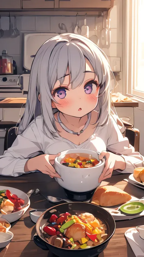 1 girl fisheye lens blush lie down on the table Serve food to the body motion line