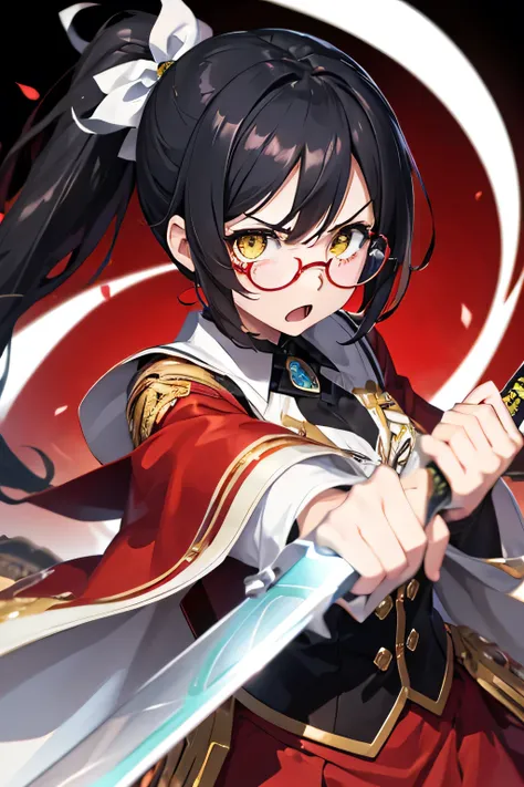 one girl with arms、black hair、hair with side ponytail、yellow eyes, scowl the person、round glasses、open your mouth、angry expression、red and white costume 、has a sword、black background、anime style、Highest Quality。