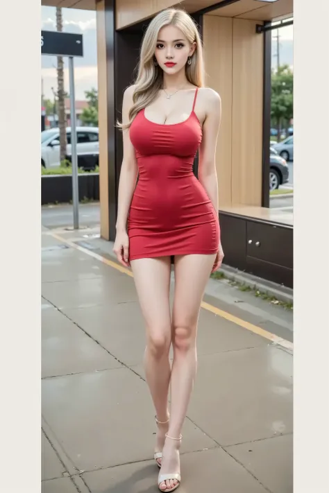 ( masterpiece, best quality:1.2),  meo lady, blonde hair, standing in the street, model pose, full body shot, realistic perfect body,fashion clothes, skins fit dress, Sexy dress,  Photograph realistic full body photo , Succubus in tight red skirt, 