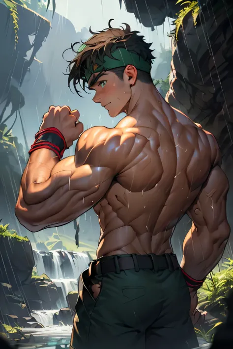 ((masterpiece, best quality, Score_9, Score_8_up, Score_7_up, Score_6_up, Score_5_up)), (((((upper body, back view, looking away, in the cave, rain, warm eyes, dark green eyes, Young handsome boy, topless, Shining Body, action:1.2))))), (Gentle expression,...