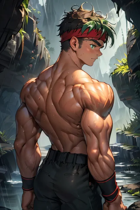 ((masterpiece, best quality, Score_9, Score_8_up, Score_7_up, Score_6_up, Score_5_up)), (((((upper body, back view, looking away, in the cave, rain, warm eyes, dark green eyes, Young handsome boy, topless, Shining Body, action:1.2))))), (Gentle expression,...