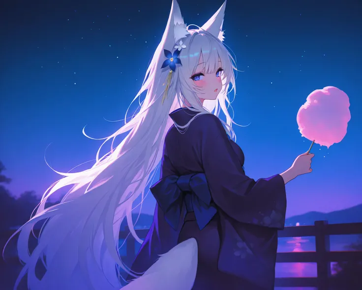 1girl, alternate costume, blush, cotton candy, festival, flower, food, from behind, white hair, hair flower, holding, holding food, shinano \(azur lane\), japanese clothes, kimono, long hair, long sleeves, looking at viewer, looking back, night, night sky,...