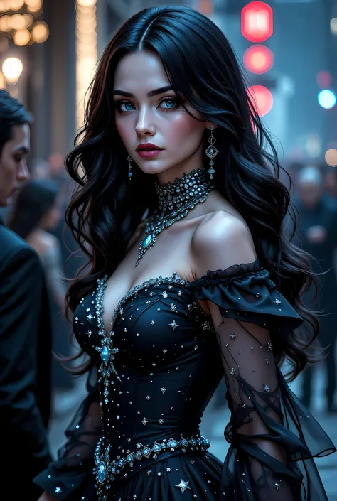a picture of a young female vampire as she is walking to the MET gala at night, a beautiful mature female vampire, shiny black hair color, dynamic skin complexion, glowing blue eyes, wearing elegant dress, white dress, haute couture dress, the dress has ...