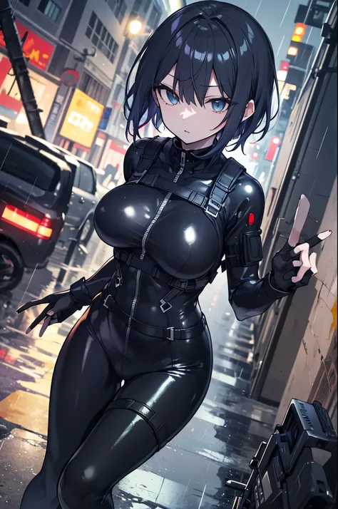 ((best quality)), ((masterpiece)), (detailed), ((perfect hands)), ((perfect fingers)), anime girl gesture, seen from above, looking at the spectator, shy look, short black hair, big breasts, sexy, ,ojos detaileds, blue eyes, ((pale skin)), ((hip covers))...