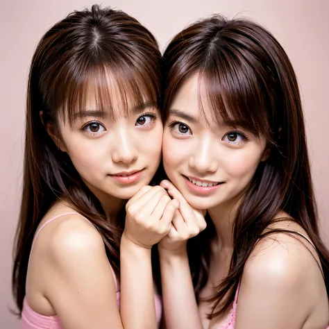 Perfect Japanese twin sisters with playful expressions, pastel pink background, wide-angle close-up, soft studio lighting