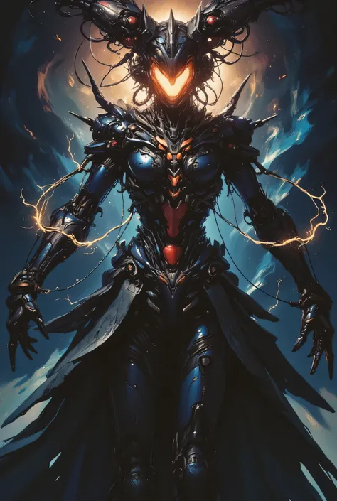 Abstract style mysterious figure emerges from the depths of a swirling vortex, their body a fusion of mechanical parts and organic elements, eyes glow with an otherworldly intensity, while tendrils of electricity dance around them, dark, ethereal, and full...