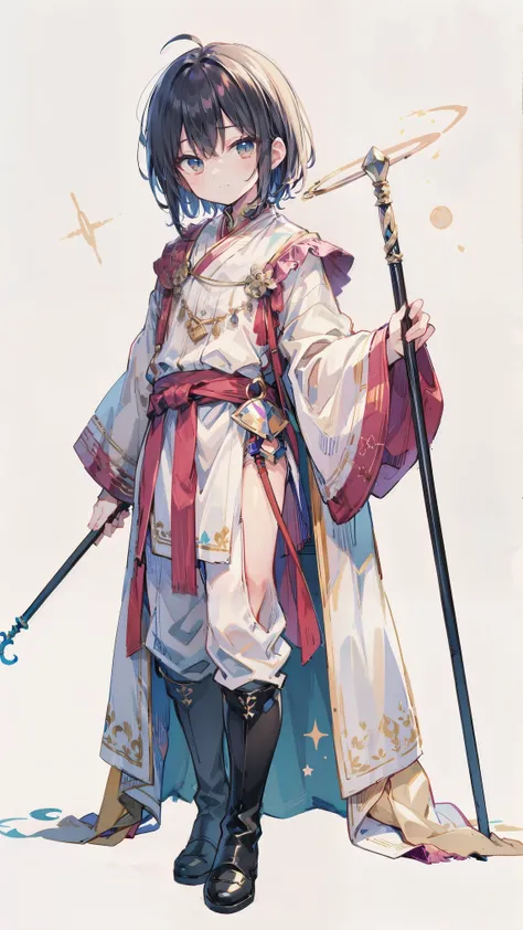 beautiful boy、とてもis cool、Indian-like clothes、is cool、boy、smile、聖Cane、black long boots、Cane、星Cane、white background、 Full Body Standing Picture 、bundles his hair、立体六芒星のついたCane、no background