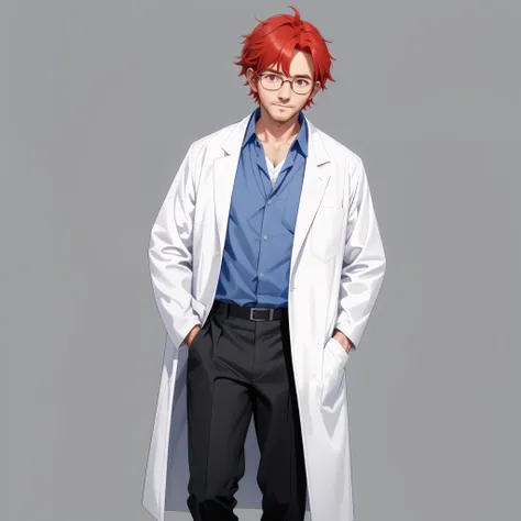  male, 1 elderly person, 0, White Lab Coat, red hair, blue collar shirt, black pants, glasses, full body, standing, Lower wrist, staring at the viewer, front view, Thick outline, grey background, simple background