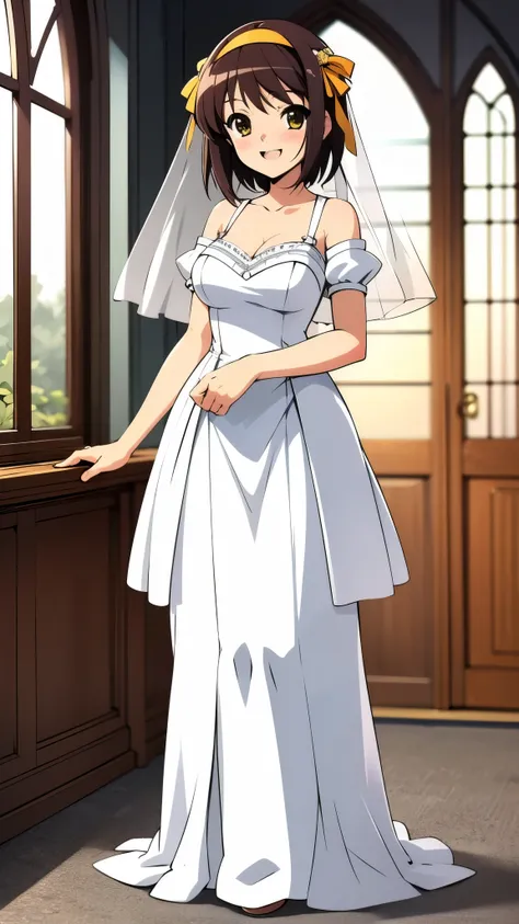 inside church, anime style, 8k, masterpiece, ultra high res, wearing bell Line wedding dress, wedding veil, break, yellow headband, light smile, blush, standing, full body shot,