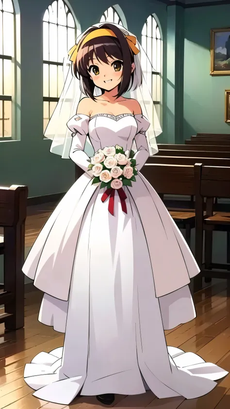 inside church, anime style, 8k, masterpiece, ultra high res, wearing bell Line wedding dress, wedding veil, break, yellow headband, light smile, blush, standing, full body shot,