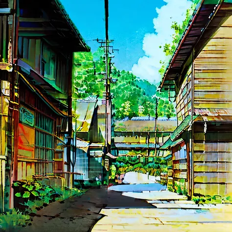 Create a charming, detailed pencil sketch of a small street scene inspired by Studio Ghibli style. Depict a quiet alley with traditional Japanese wooden buildings, a large Totoro figure at the end of the street, and overhead power lines. Include greenery s...