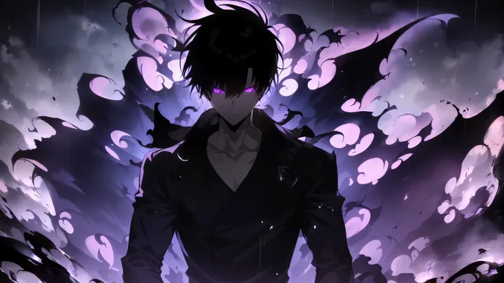 Super-detailed 8K masterpiece full-body portrait of a lone male assassin character inspired by Kaneki Ken in Tokyo Ghoul, laugh confidently, cruel, in the art style of Solo Leveling. short black hair, glowing purple eyes, pale skin , cinema light, Strong ...