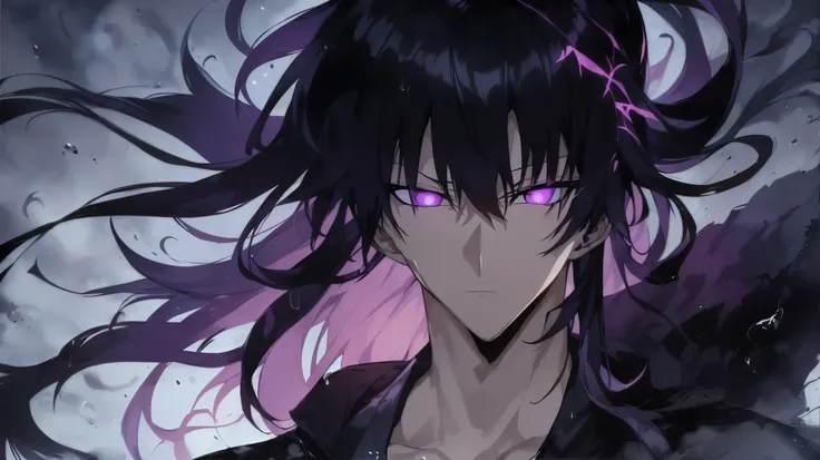 Super-detailed 8K masterpiece full-body portrait of a lone male assassin character inspired by Kaneki Ken in Tokyo Ghoul, laugh confidently, cruel, in the art style of Solo Leveling. short black hair, glowing purple eyes, pale skin , cinema light, Strong ...