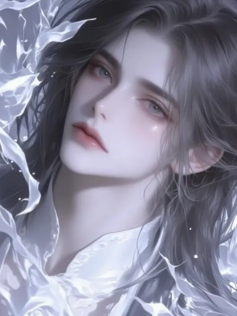 a handsome man with long hair antique black hair,a handsome man with long hair, an ancient brunette in a fairy-looking white Hanfu, traditional Chinese clothing , Double eyelids,Japanese Manga Style,The throat is obvious