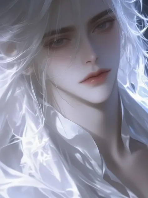 a handsome man with long hair antique black hair,a handsome man with long hair, an ancient brunette in a fairy-looking white Hanfu, traditional Chinese clothing , Double eyelids,Japanese Manga Style,The throat is obvious