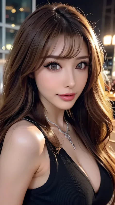 (     Cowboy Shots 、Best Quality、8k、Award-winning works、 super high definition)、Beautiful woman、( Showing off your perfect body in a black sweater , Sexy cleavage:1.1)、 Perfect big  、(blonde:1.1)、Bright color contacts、Perfect gal makeup、Bright and shiny li...