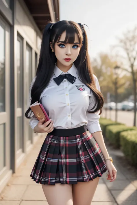 A woman in a school uniform is holding a book , dressed as a schoolgirl , realista , mini skirt , hiperrealista , mini skirt , cute schoolgirl , checkered skirt , Wear a kilt , with a skirt , , mini skirt plisada , short skirt , schoolgirls posing  ,  hype...