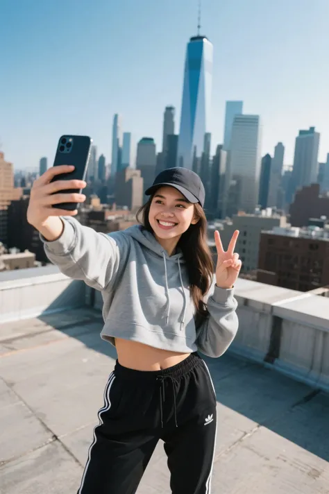 Highest Quality、iPhone camera-like high-resolution photo、natural light、vivid colors、shallow depth of field、realistic details、HDR effects 、girl taking a selfie on the rooftop with the skyline of a skyscraper in the background、gray cropped hoodie and black j...