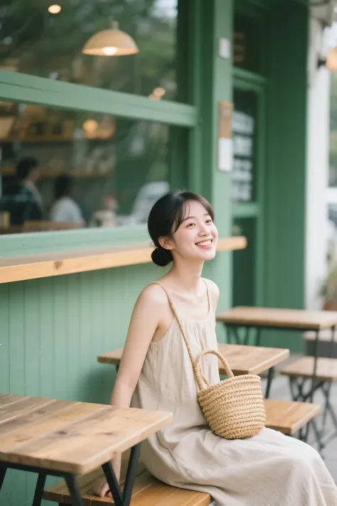 Highest Quality、Portrait photo taken in the style of an iPhone camera、Soft background blur 、 natural skin tone 、realistic lighting、high definition、girl smiling loosely while sitting on a wooden bench in a cafe exterior surrounded by green、beige dress made ...