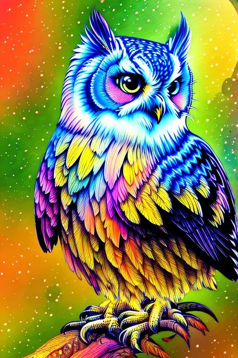 owl、Digital Art、Digital Painting、bright colors、cute、beautiful、 detailed painting、4K、watercolor、Flapping Their Wings