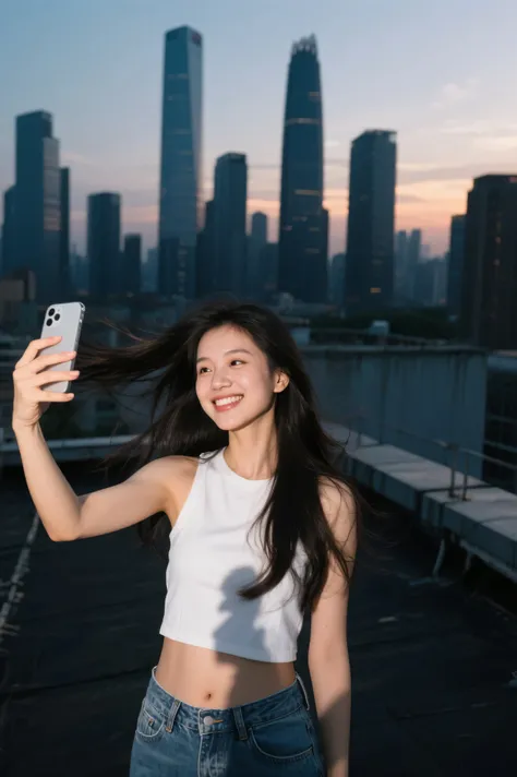 Highest Quality、iPhone camera-like high-resolution photo、natural light、vivid colors、shallow depth of field、realistic details、HDR effects 、On the rooftop at dusk、a girl taking a selfie with the skyline of a skyscraper in the background、long hair fluttering ...