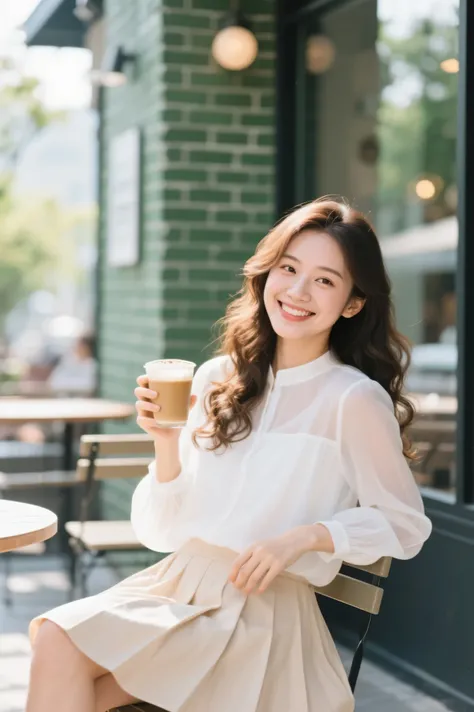 Highest Quality、iPhone camera-style portrait photo、Soft background blur 、 natural skin tone 、realistic lighting、high definition、On the terrace of a stylish cafe、A girl smiling with a latte in hand。 Early summer afternoon 、White sheer blouse and pale beige ...