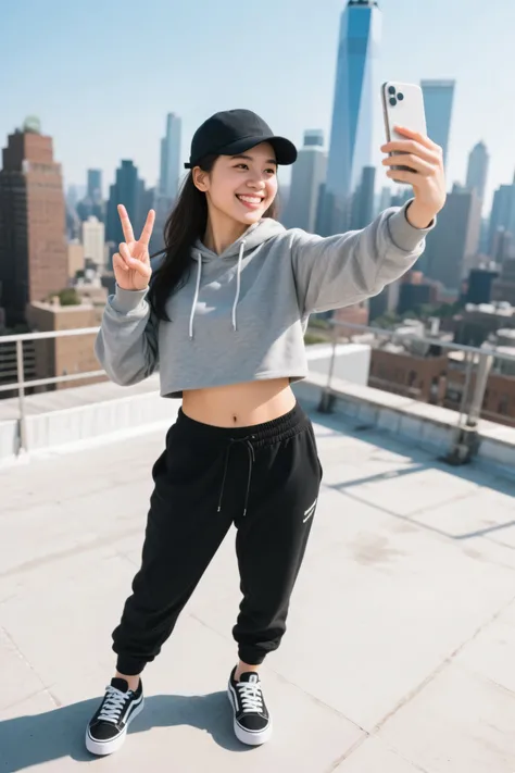 Highest Quality、iPhone camera-like high-resolution photo、natural light、vivid colors、shallow depth of field、realistic details、HDR effects 、girl taking a selfie on the rooftop with the skyline of a skyscraper in the background、gray cropped hoodie and black j...