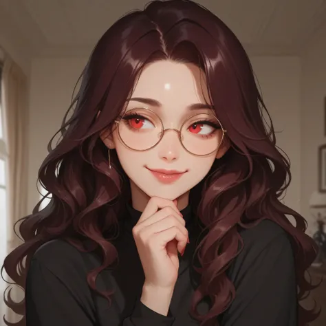 Female anime character with dark brown wine hair. She poses with her chin propped up and smiling slightly. The direction of the side view is looking to the left. She has wavy hair. She wears round glasses. She looks cunning, innocent, sweet, cute and beaut...
