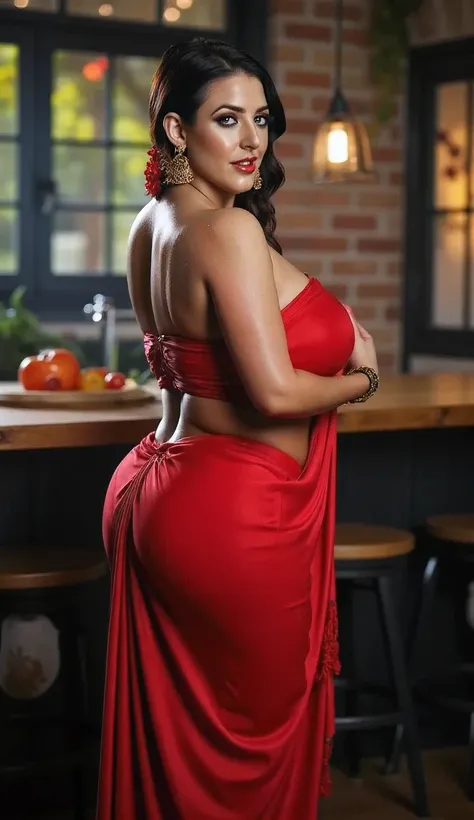 a hot brown haired voloptous indian milf woth model face in a sexy indian style red saree, ((Hot Saree)),hair tied nicely taken to the front left shoulder,big beautiful huge 36DDD breast, curvy body, perfect body shape, strapless, sexy cleavage, ((Detailed...